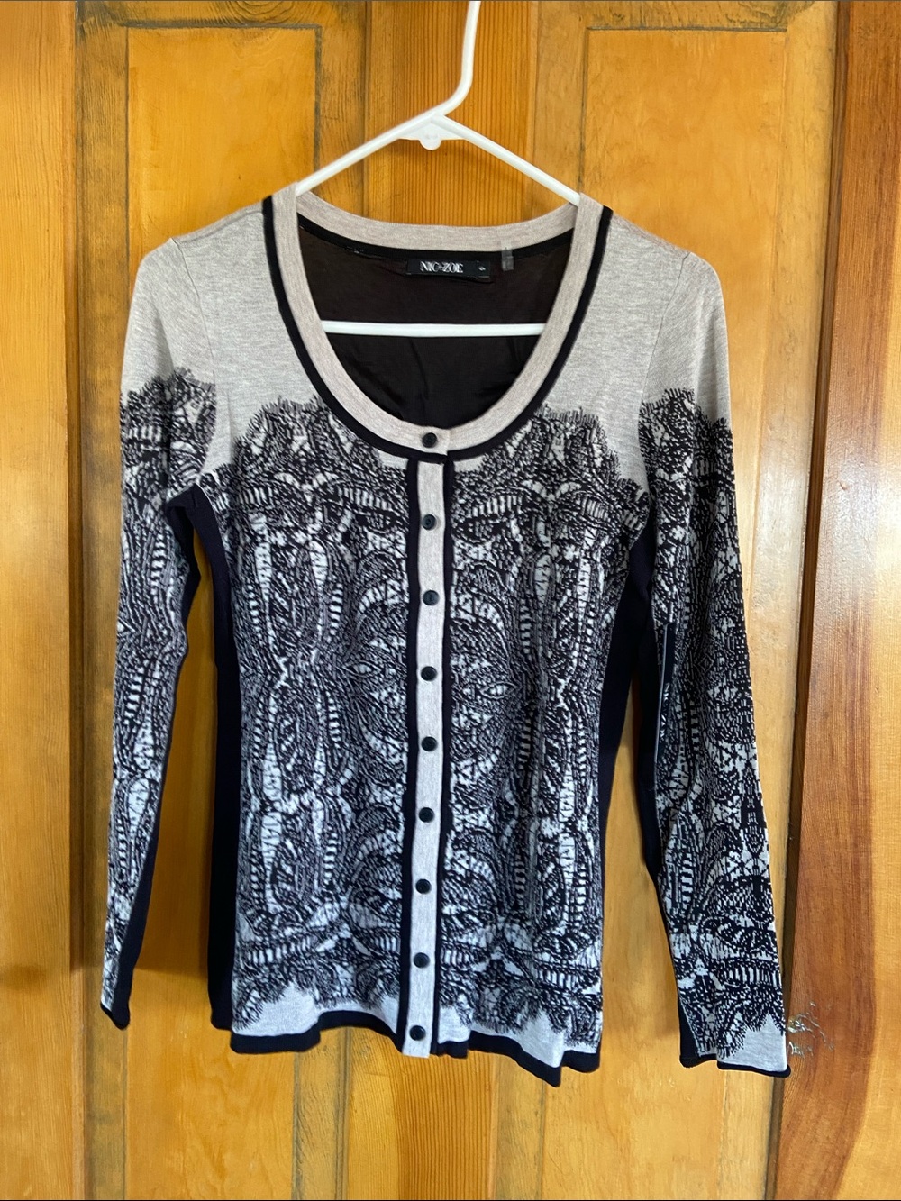 NIC+ZOE Black and Light Tan Printed Button Cardigan